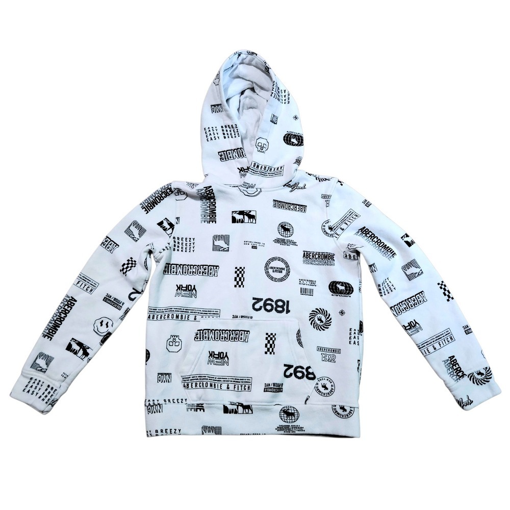 Abercrombie Kids Hoodie Boys 13/14 White Logo Print Pullover Y2K Skater